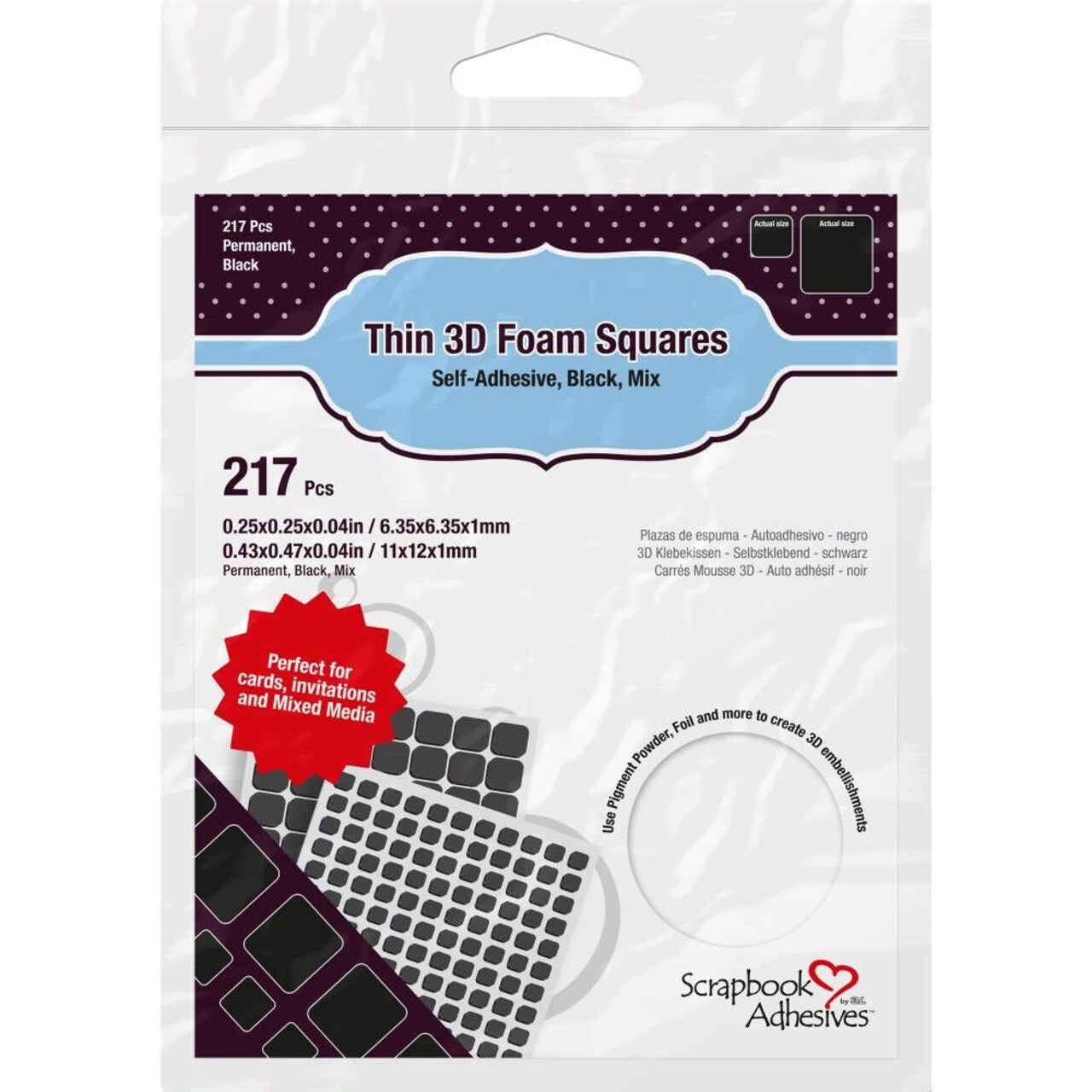 Thin Black 3D Adhesive Foam .25" and .5" Squares 217/Pkg - 1mm Thin